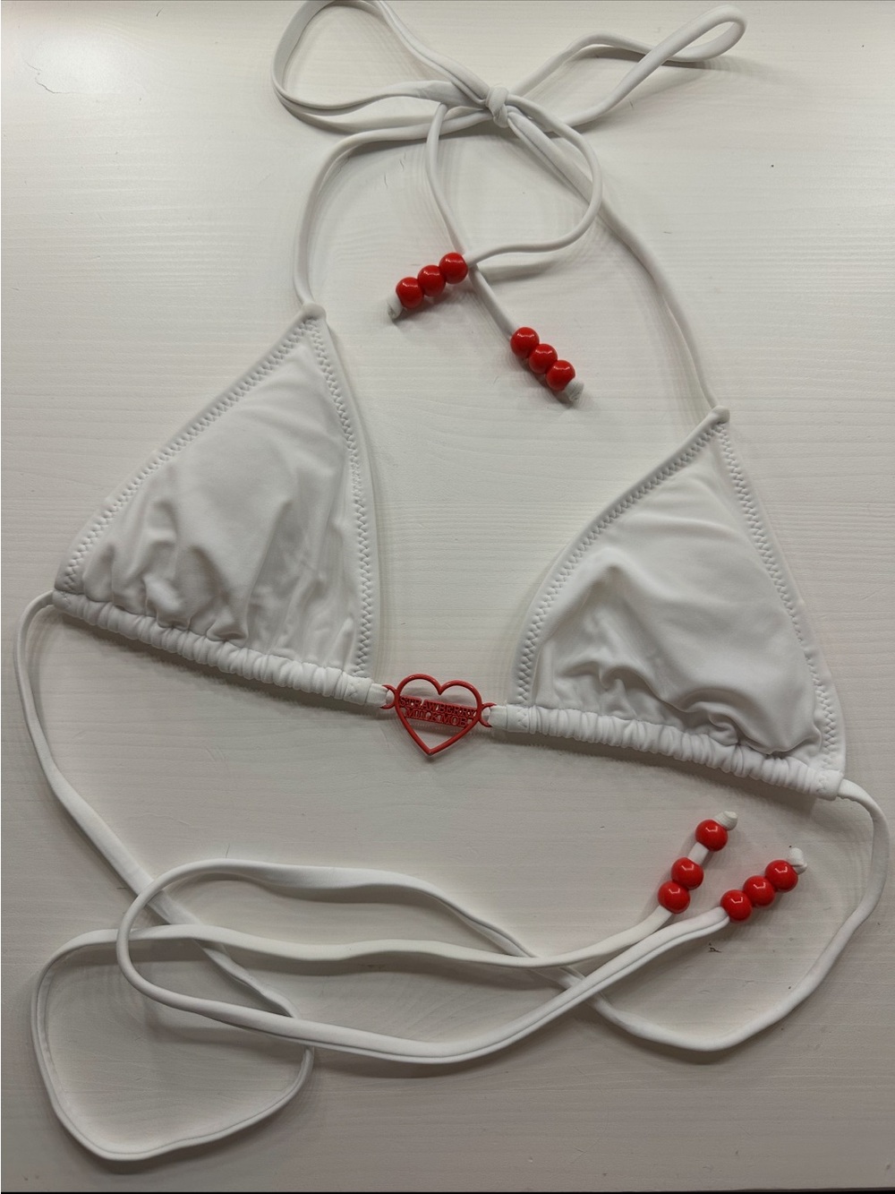 Strawberry Milk Mob White Bikini Top with Red Bead Accent
